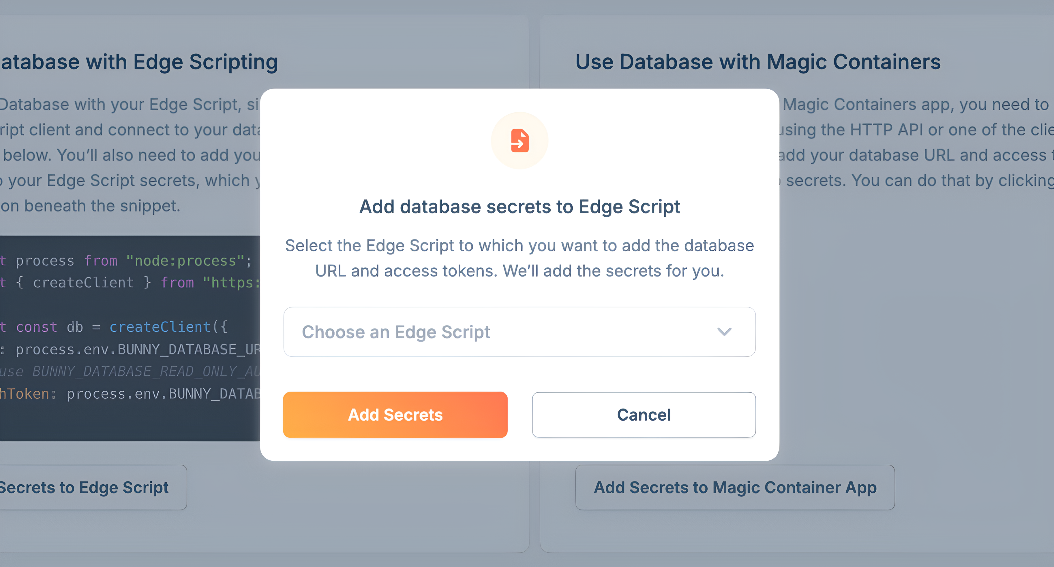 Bunny Database dashboard showing the option to add a secret using Edge Scripting Bunny Database dashboard showing the option to add a secret using Edge Scripting